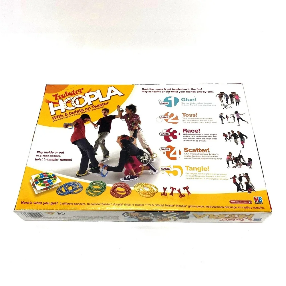Twister Hoopla Game 5 Games 16 Rings 2 Spinners 4 Twister Ts  Ages 6+ Hasbro NEW